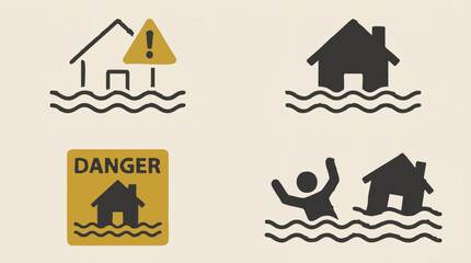 Fototapeta premium Flood warning and danger icons set for natural disaster and emergency
