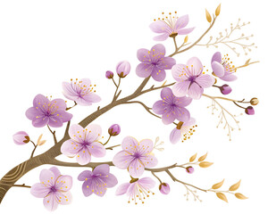 Fototapeta premium Delicate purple cherry blossoms on a branch during springtime with soft lighting isolated on transparent background