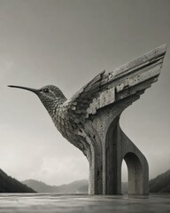 Naklejka premium Hummingbird Transforming Into Monumental Brutalist Concrete Arch