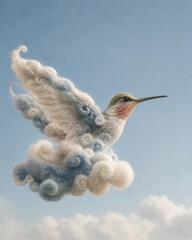 Naklejka premium Whimsical Hummingbird Transforming Into Felted Wool Cloud