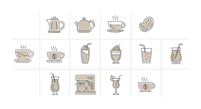 Collection of coffee and drink line art icons for cafe menu design