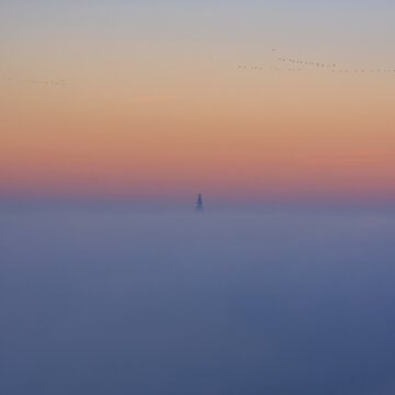 The tower of the Martini church rises above the mist on a cold, colorful and magical sunrise at a winter's day in February while migrating geese fly even higher, Groningen, the Netherlands