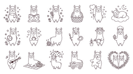 Naklejka premium Adorable llama alpaca line art collection for kids and crafts.