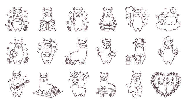Adorable llama alpaca line art collection for kids and crafts.