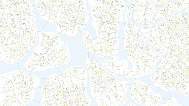 City districts spread across map dotted with buildings