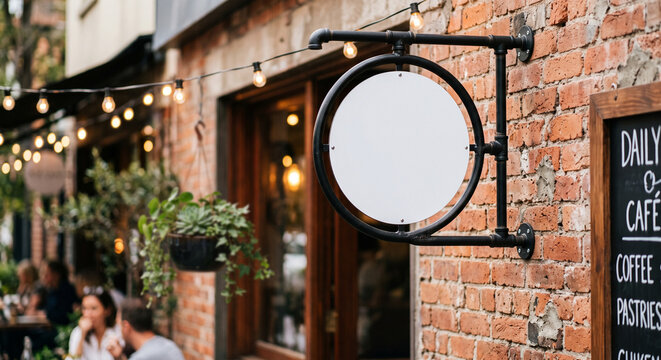 Blank white circular sign hanging on a black metal bracket attached to a rustic red brick wall. Outdoor cafe or restaurant branding mockup.