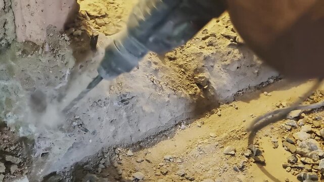 a construction worker holding a heavy-duty rotary hammer drill, breaking through concrete near a brick wall. Dust clouds and pulverized stone fragments spray upward during indoor renovation