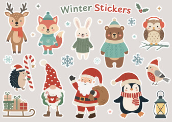 Fototapeta premium Christmas winter sticker pack with Santa, penguin, fox, bear, bunny, owl, gnome, reindeer, gifts, candy, lantern, and cozy animals