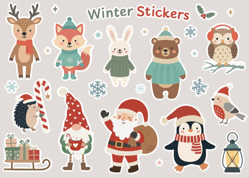Christmas winter sticker pack with Santa, penguin, fox, bear, bunny, owl, gnome, reindeer, gifts, candy, lantern, and cozy animals