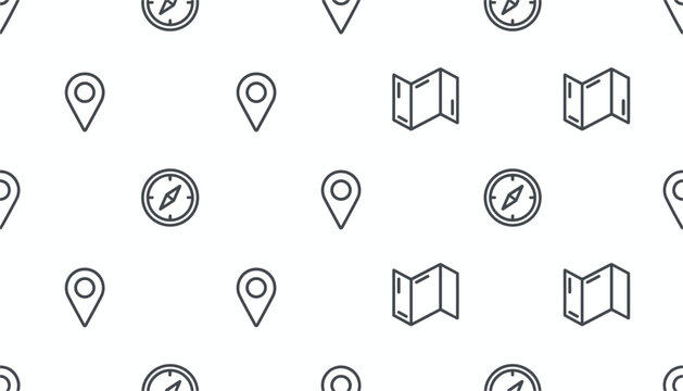 Seamless travel navigation pattern displaying simple line art maps location pin drops and compasses on white.