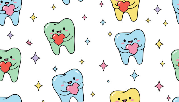 Cheerful seamless pattern showing cute cartoon teeth holding hearts surrounded by stars on a white backdrop.