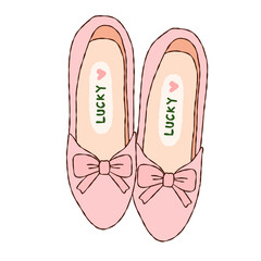 Cute pink ballet flats illustration with bow and Lucky text insole hand drawn shoes clipart © Saltyarts design