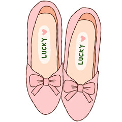 Cute pink ballet flats illustration with bow and Lucky text insole hand drawn shoes clipart © Saltyarts design