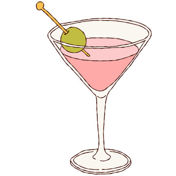 Pink martini glass illustration with green olive garnish hand drawn cosmopolitan cocktail clipart