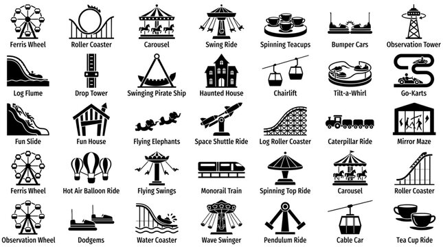 Amusement park icon set, 35 carnival ride vector symbols, black theme park attractions for fairground maps and travel apps