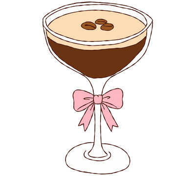 Espresso martini glass illustration with pink bow knot and coffee beans garnish clipart