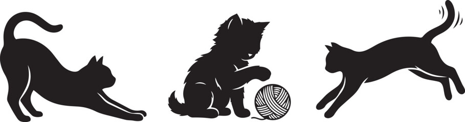 Obraz premium Playful cat silhouettes captured in three distinct poses including stretching sitting with yarn and leaping across a clean white background