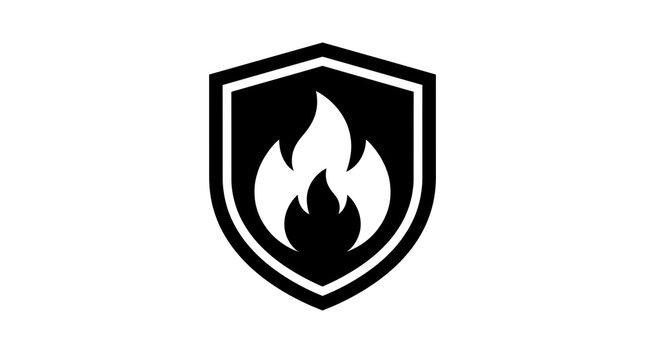 Fire protection shield icon, black flame safety symbol vector, fireproof security logo for industrial emergency services