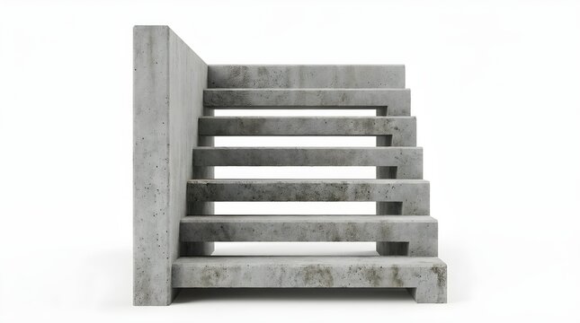 Minimalist concrete stairs on white background, brutalist architectural stone staircase, modern cement steps for interior design concepts