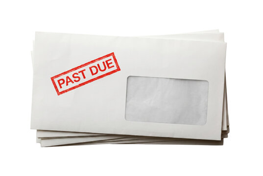 Stack of white window envelopes with red past due stamp
