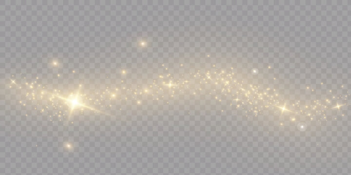 Shimmering gold lights abstract overlay. Tiny glitter pieces surround radiant highlights while glimmer glow enhances every detail. Vector illustration