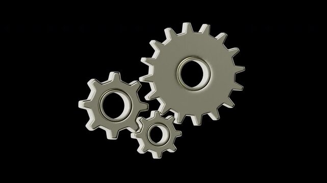 Three metallic gear cogs rotate in sync in a 4K 3D looping animation with alpha channel transparent background, representing efficient business teamwork, industrial processes, and system mechanics.