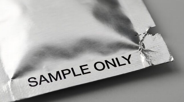 Close-up of an aluminum foil pouch labeled sample only for marketing testing and product demonstration purposes