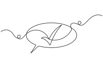 Obraz premium Communication check mark in speech bubble icon sign continuous one line drawing moving on white background minimalist single art correct and complete comment reply chat symbol editable outline vector 