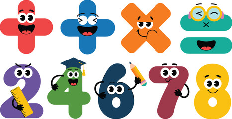 Naklejka premium Cute Cartoon Math Operators and Number Characters Vector Set Featuring Colorful Addition Subtraction Multiplication Division Signs Plus Digits Two Four Six Seven Eight