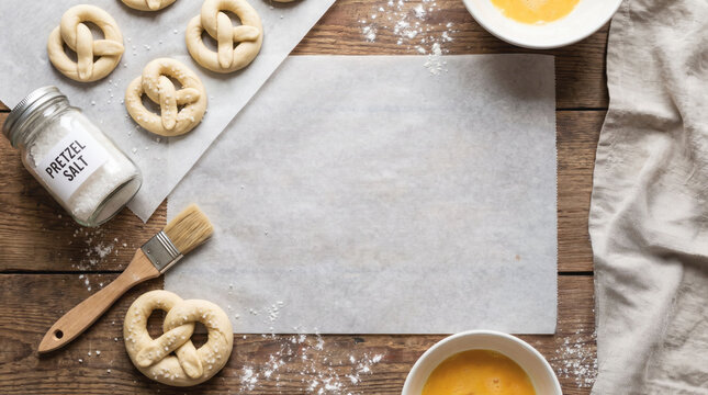 Overhead Layout of Bavarian Pretzel Baking Kit with Dough Salt Brush and Baking Tray on Wood
