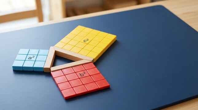 Colorful Wooden Blocks Illustrating Pythagorean Theorem Concept
