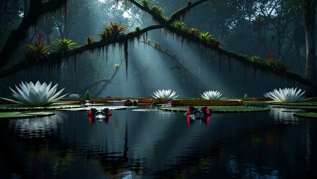 Mystical Jungle Lake with Glowing Alligator Eyes and Water Lilies