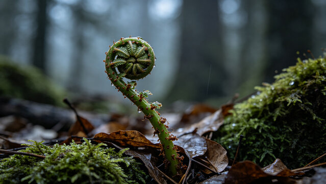 Involute fern fiddlehead in forest moss, growth and nature renewal concept