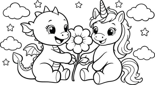 Cute cartoon dragon and unicorn holding flowers together coloring page design