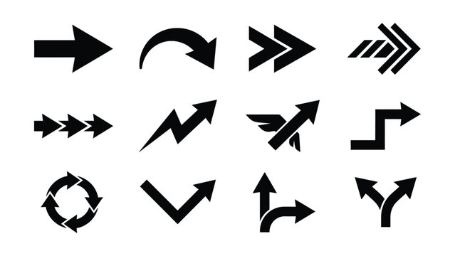 Set of various directional arrow icons with different styles and shapes