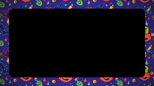 Seamless looping 2D cartoon Halloween animation pattern with CRT scanlines, retro TV effect, transparent alpha channel and rounded rectangle frame for stream overlay, video border, festive promotion.