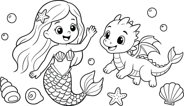 Cute cartoon mermaid and dragon fish underwater friends illustration