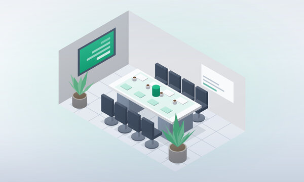 Isometric 3D meeting room with conference table and presentation screen, green accent, business workspace illustration 2