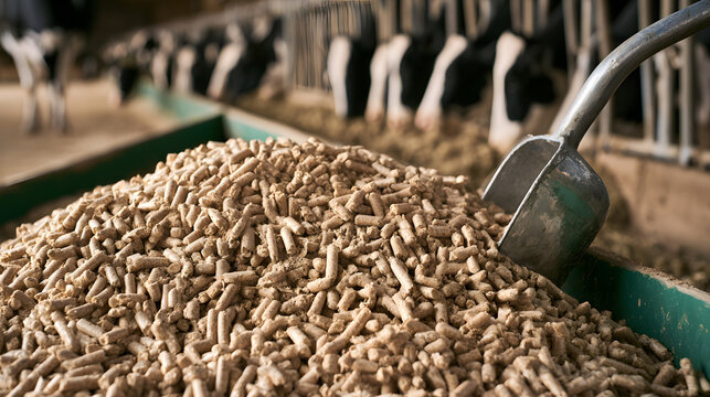Livestock Feed Pellets with Metal Scoop on Farm