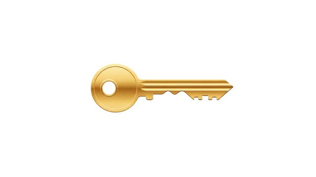 A shiny golden metal key with a round head and serrated edge, isolated on a clean white background.