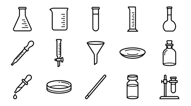 Laboratory glassware line icons, 15 science equipment vector set, chemistry research tools, medical lab apparatus illustrations