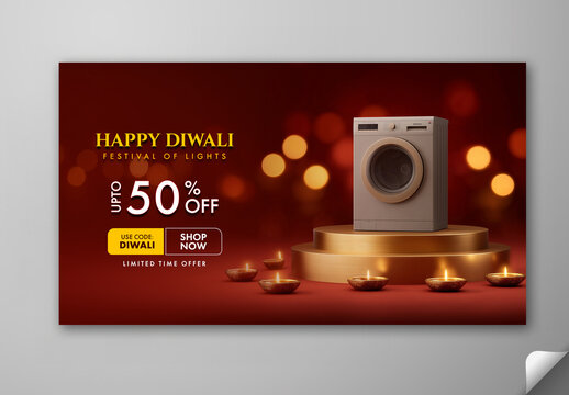 Editable Diwali Festival Sale TV Ads Banner with 50 Percent Off on Washing Machine Product Showcase.