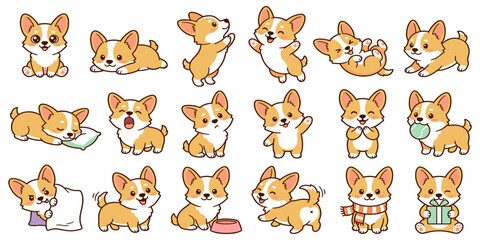 Obraz premium Cute corgi puppy character vector set with funny dog emojis in different actions