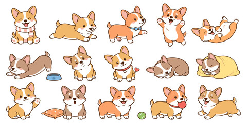 Fototapeta premium Cute corgi puppy vector set with funny dog characters in different playful poses