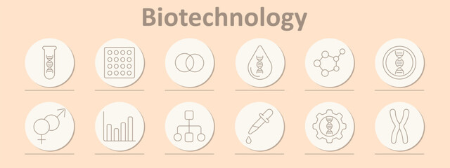 Fototapeta premium Biotechnology set icon. Dna tube, grid matrix, linked rings, dna droplet, molecule network, circle, gender symbols, bar chart, hierarchy tree, dropper liquid, gear, chromosome pair.