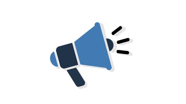 Animated blue megaphone icon broadcasting on white background