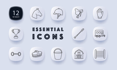Fototapeta premium Equestrian sport set icon. Horse, riding helmet, saddle, grooming brush, bucket, stable, obstacle jump, riding crop, trailer, trophy, competition, horsemanship.