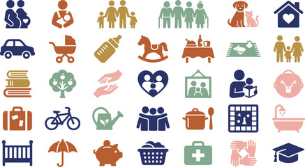 Fototapeta premium Family Care Icon Set with Parents, Children, Baby, Education, Healthcare, Home, Transportation, and Lifestyle Symbols for Community Design