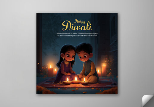 Editable Happy Diwali Festival Greeting Post with Indian Siblings Celebrating Festival.