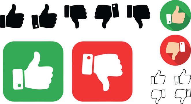 Vector icon set of thumbs up and thumbs down hands for approval and rejection.